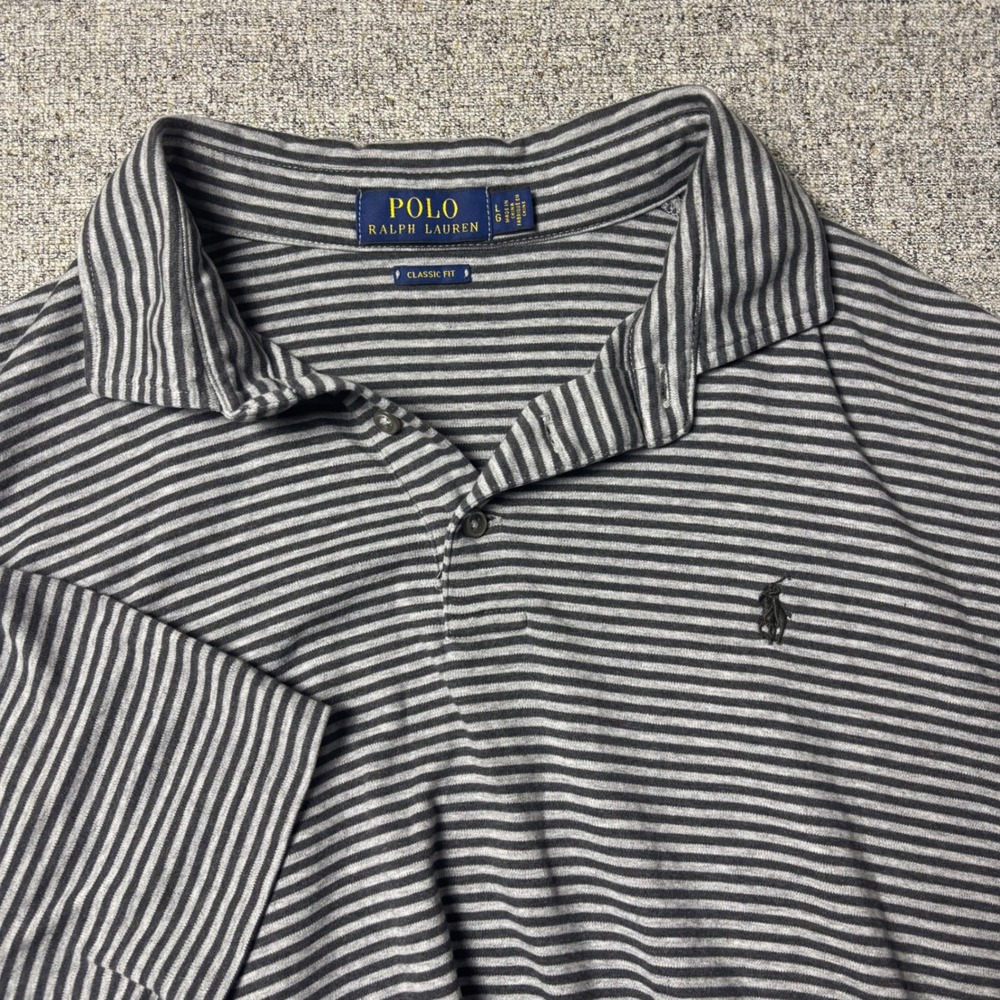 Polo Ralph Lauren Polo Shirt Mens Large Classic Fit Grey Striped Short Sleeve